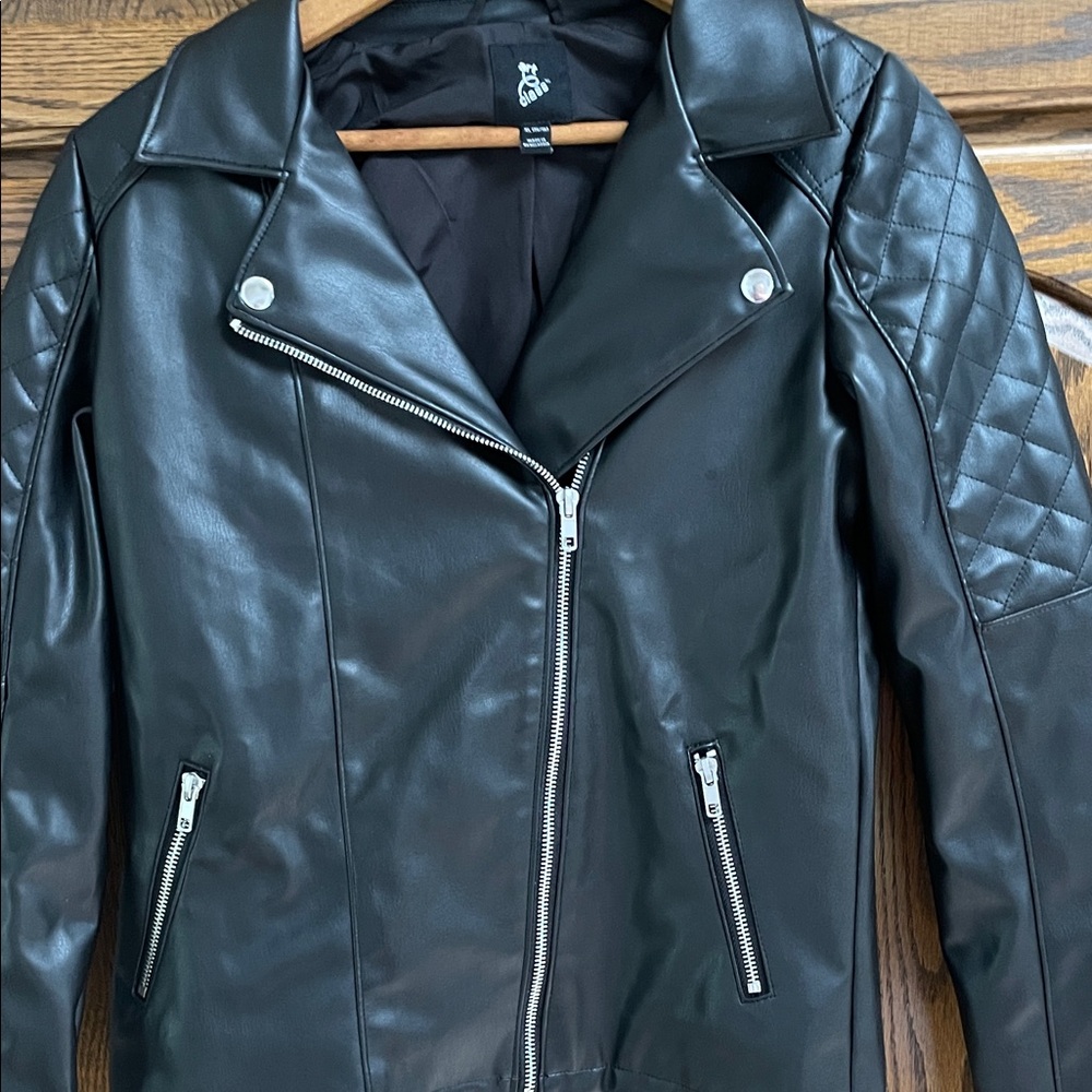 Art Class Black Leather Jacket with Quilted Sleeves
